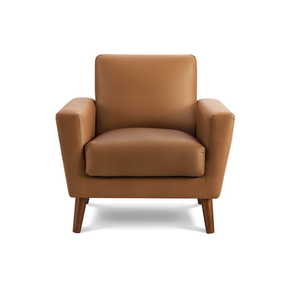 Chair, 34"" Wide, Upholstered, Accent Chair, Cognac Leather Look, Walnut Wood Legs, Mid Century