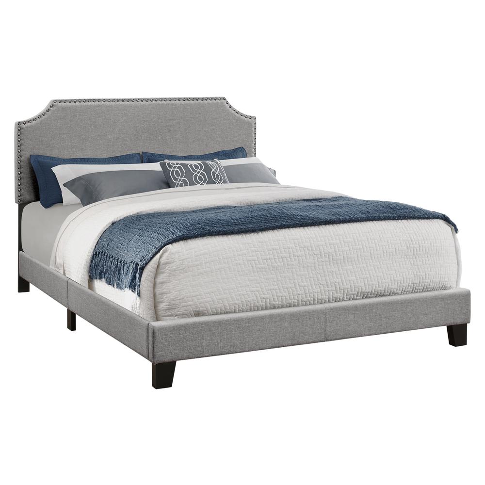 Bed, Queen Size, Bedroom, Upholstered, Grey Linen Look, Chrome Trim