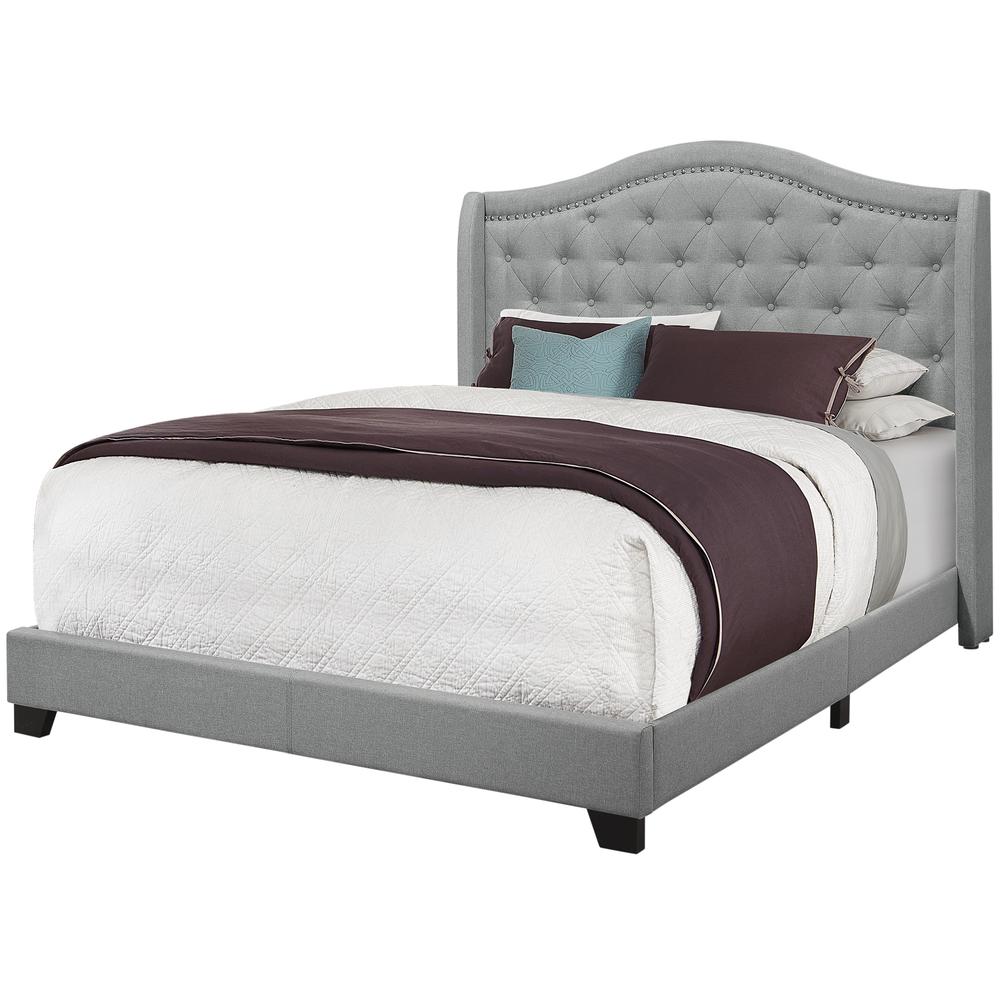 Bed, Queen Size, Bedroom, Upholstered, Grey Velvet, Chrome Trim, Traditional