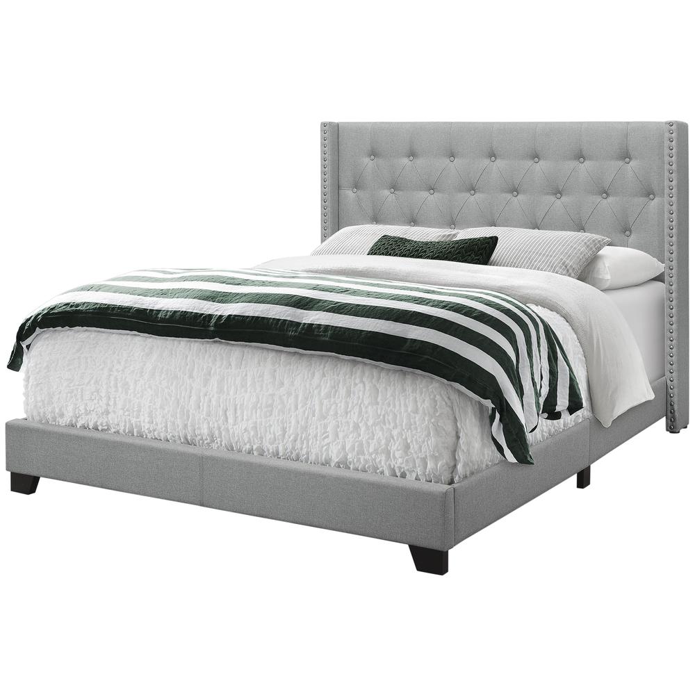 Bed, Queen Size, Bedroom, Upholstered, Grey Linen Look, Chrome Trim