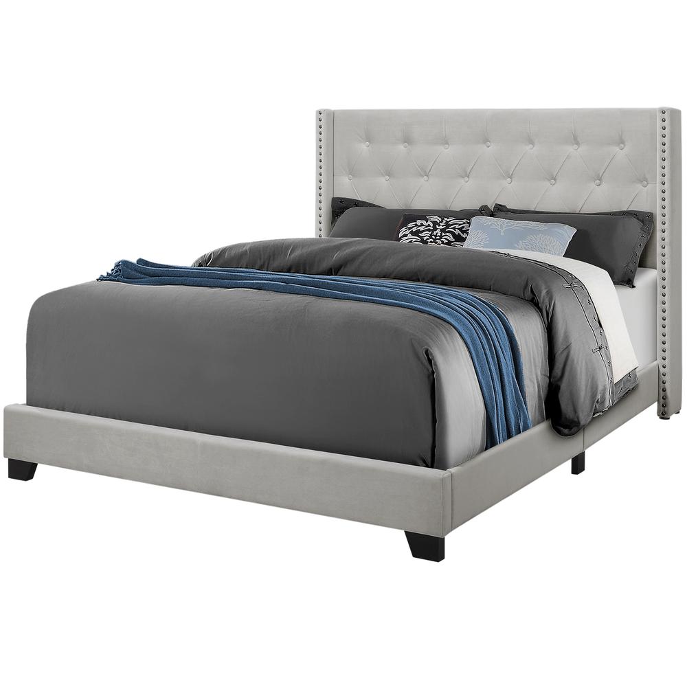 Bed, Queen Size, Bedroom, Upholstered, Grey Velvet, Chrome Trim, Transitional