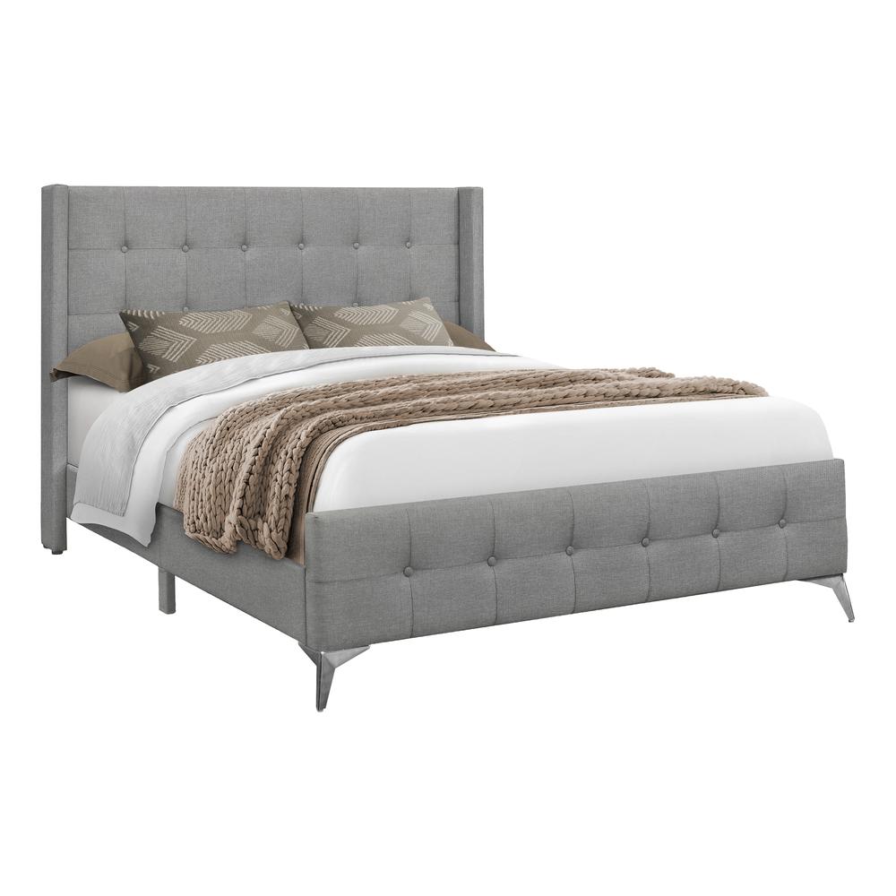 Bed, Queen Size, Bedroom, Upholstered, Grey Linen Look, Chrome Metal Legs