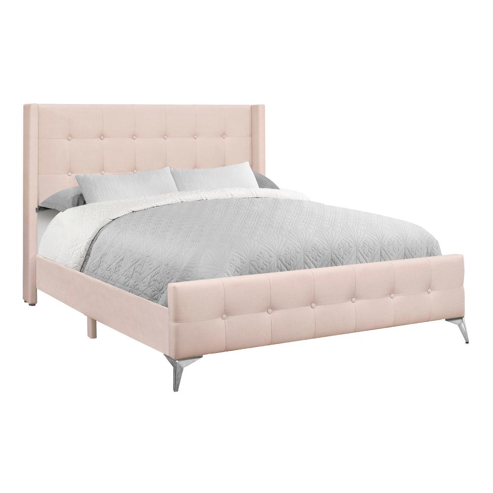 Bed, Queen Size, Bedroom, Upholstered, Pink Velvet, Chrome Metal Legs