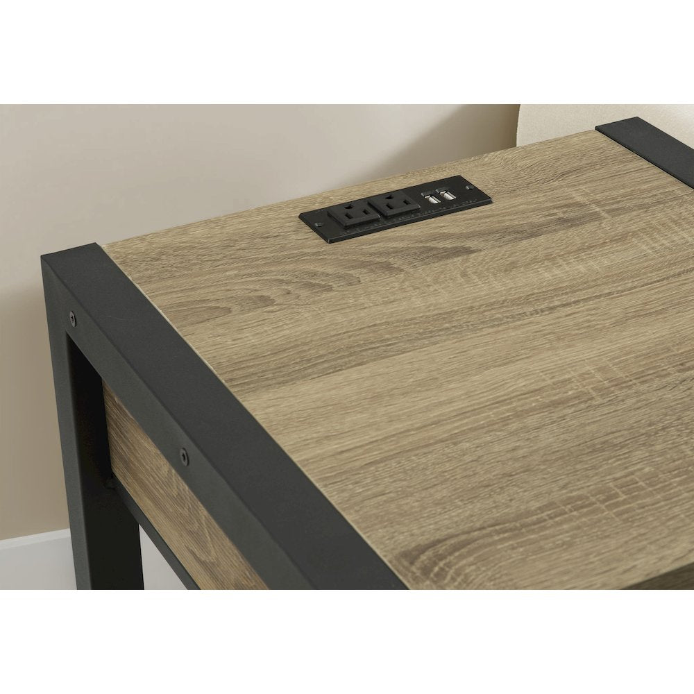 Accent Table, 24"H, 2 Tier, End, Side Table, Nightstand, Lamp, Storage Drawer, Dark Taupe Laminate, Black Metal, Contemporary