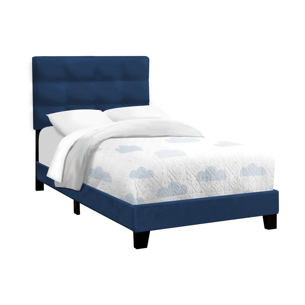 Bed, Twin Size, Upholstered, Frame Only, Blue Velvet, Transitional