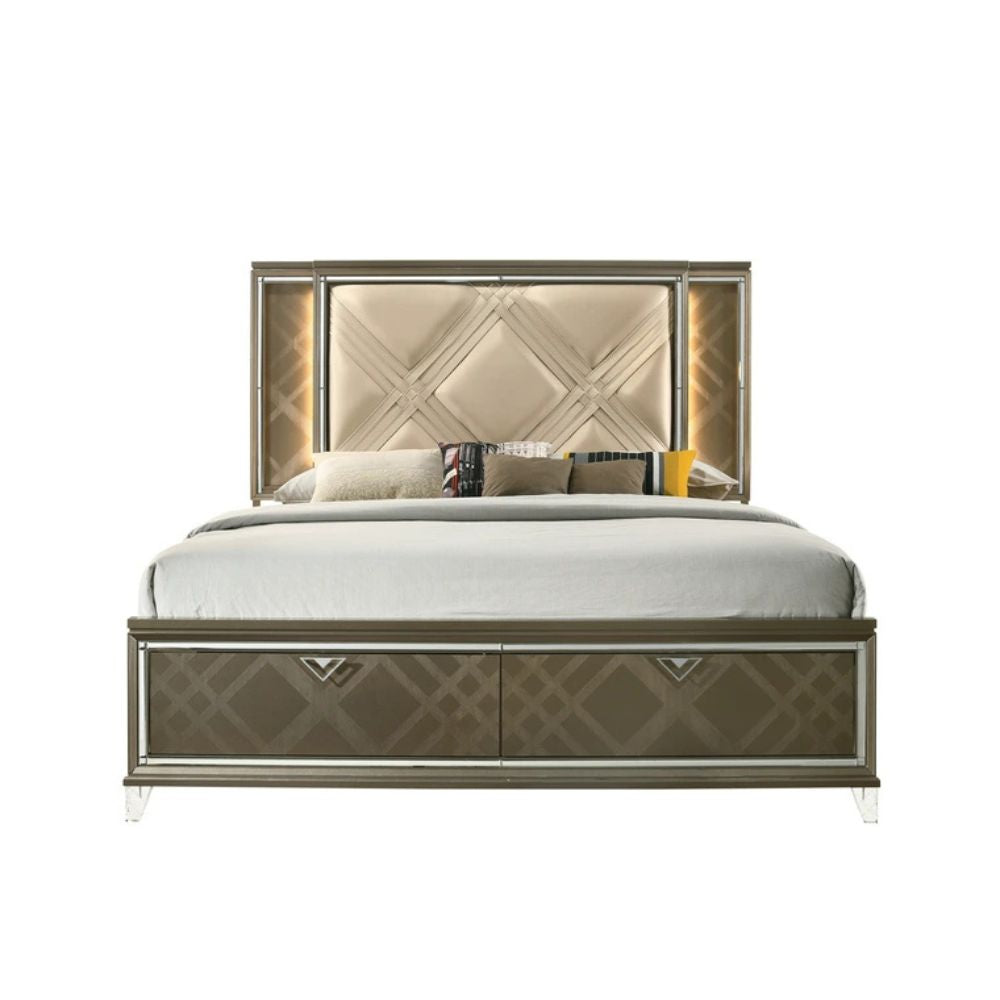 Skylar Eastern King Bed w/Storage & LED, LED, Synthetic Leather & Dark Champagne