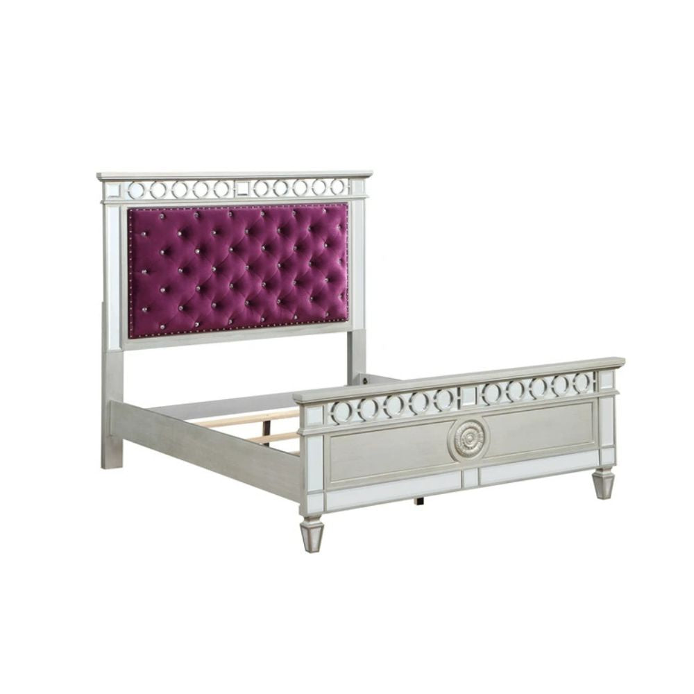 Varian Full Bed, Burgundy Velvet, Silver & Mirrored Finish