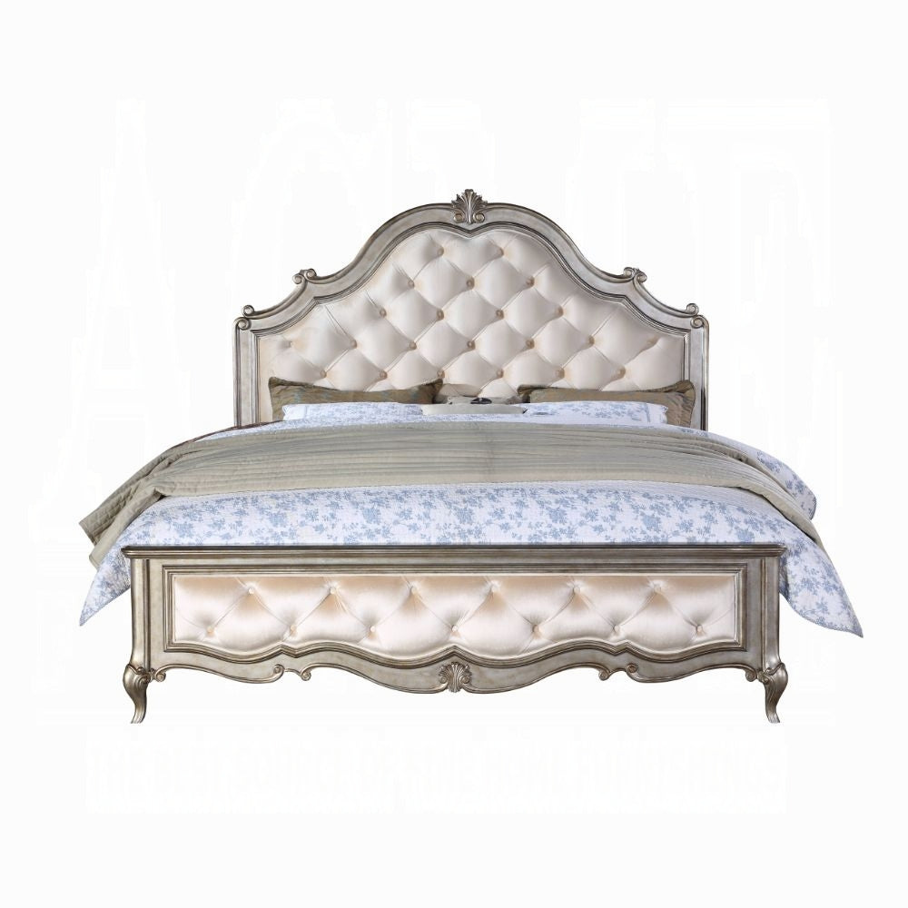 Esteban Queen Bed, Ivory Velvet & Antique Champagne