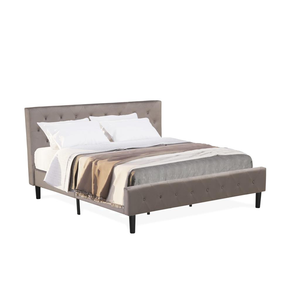 Ewan Nolan King Brown Taupe Velvet Platform Bed  Button Tufted Upholstered Frame with Black Legs