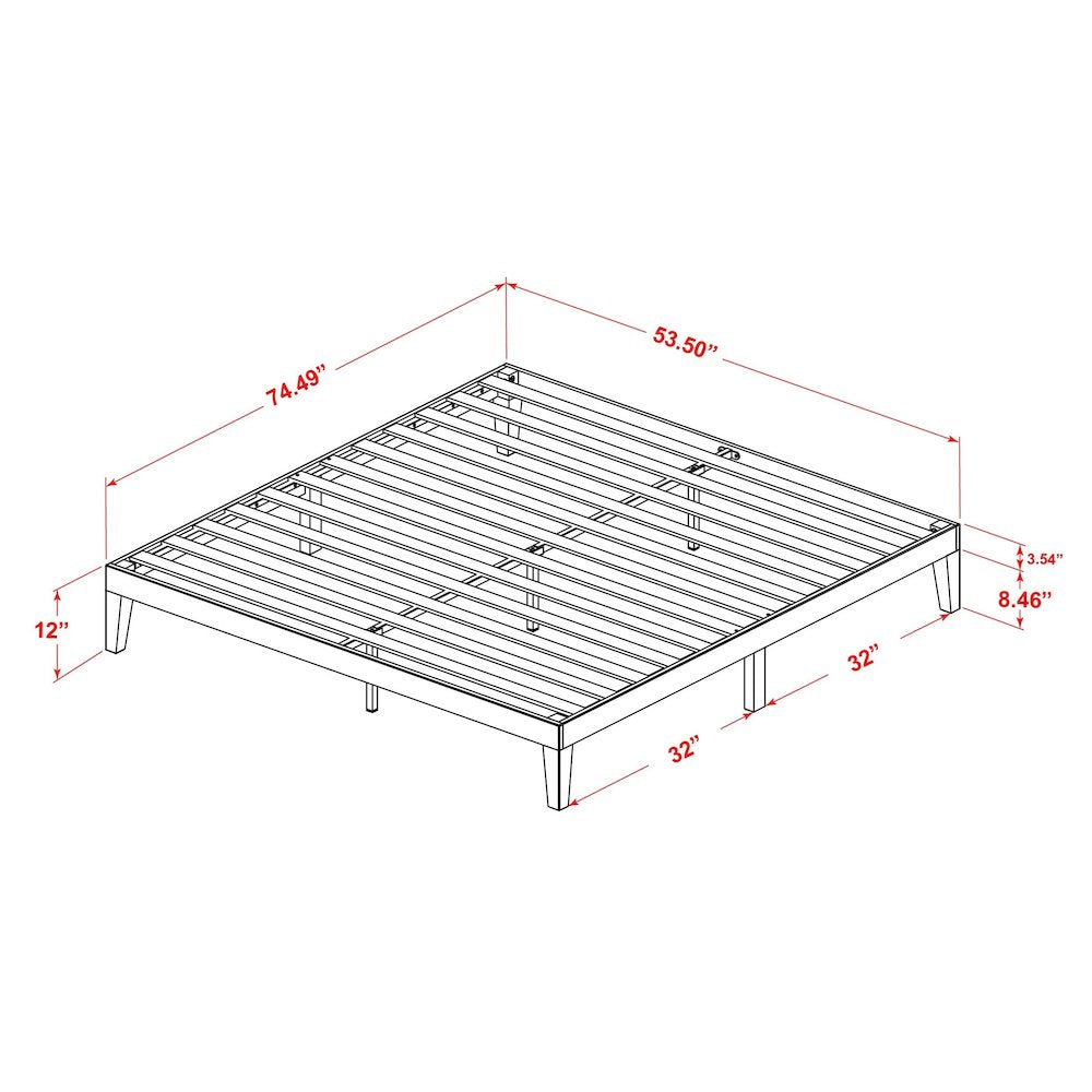 Harena Walden Full Walnut Solid Wood Platform Bed  Minimalist Frame with Extra Center Support