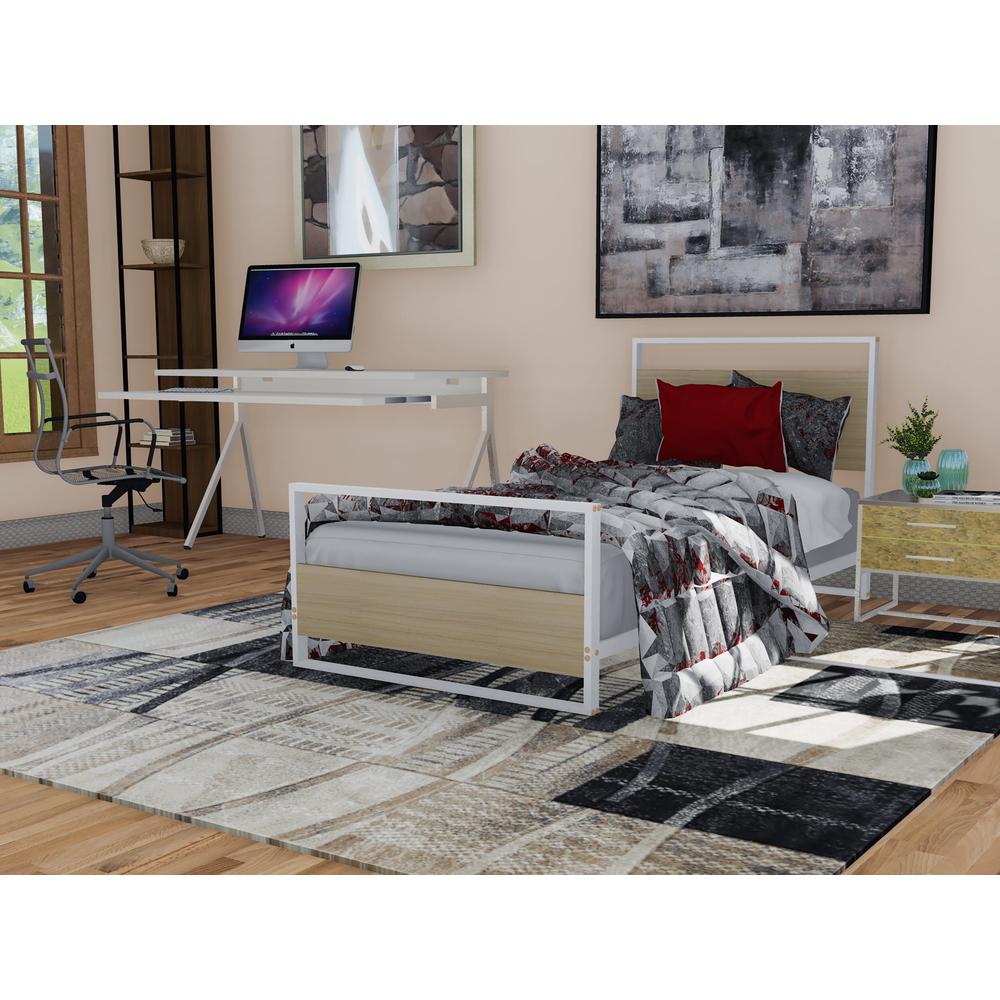 Paras Erie Twin White Metal Bed Frame  Modern Platform Bed with Wood Laminate Accents