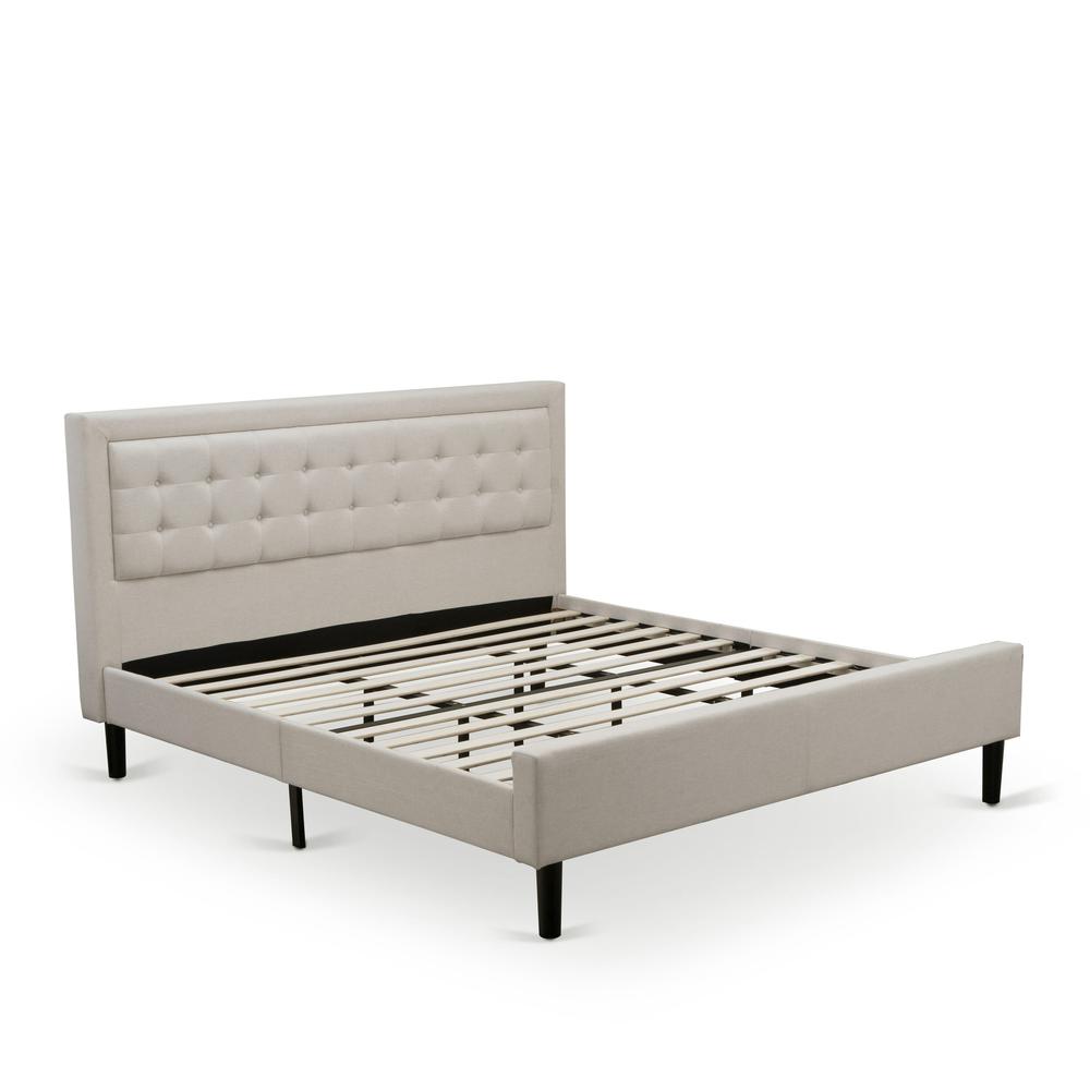 Asami Camden King Size Upholstered Bed in Mist Beige  Linen Fabric, Button Tufting, Black Legs
