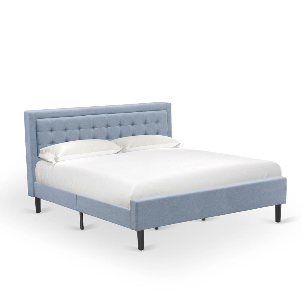 Sablewood East West FNF King Denim Blue Linen Platform Bed Frame  Contemporary Upholstered Headboard with Button Tufted Design