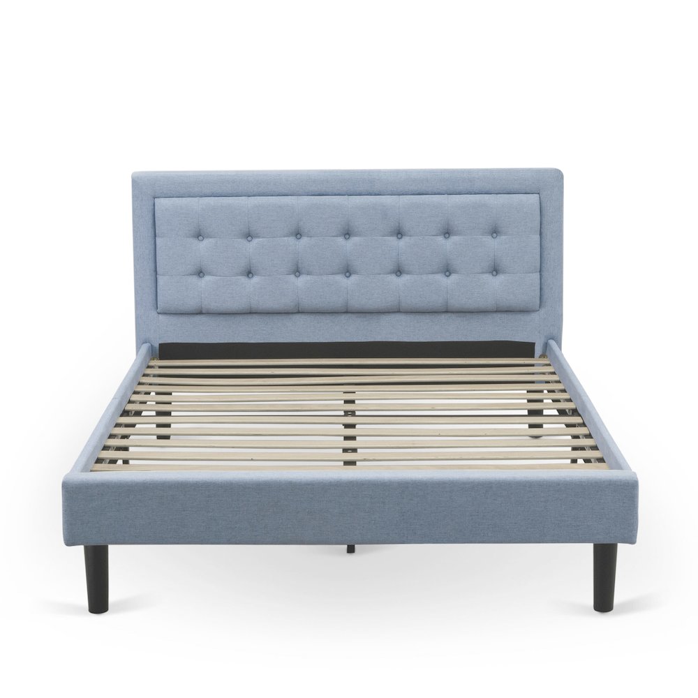 Damara  Aurora Queen Denim Blue Linen Platform Bed  Tufted Headboard