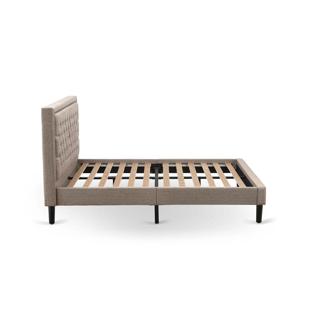 East West Collection Queen Dark Khaki Linen Fabric Upholstered Bed  Modern Platform Style with Button Tufted Headboard