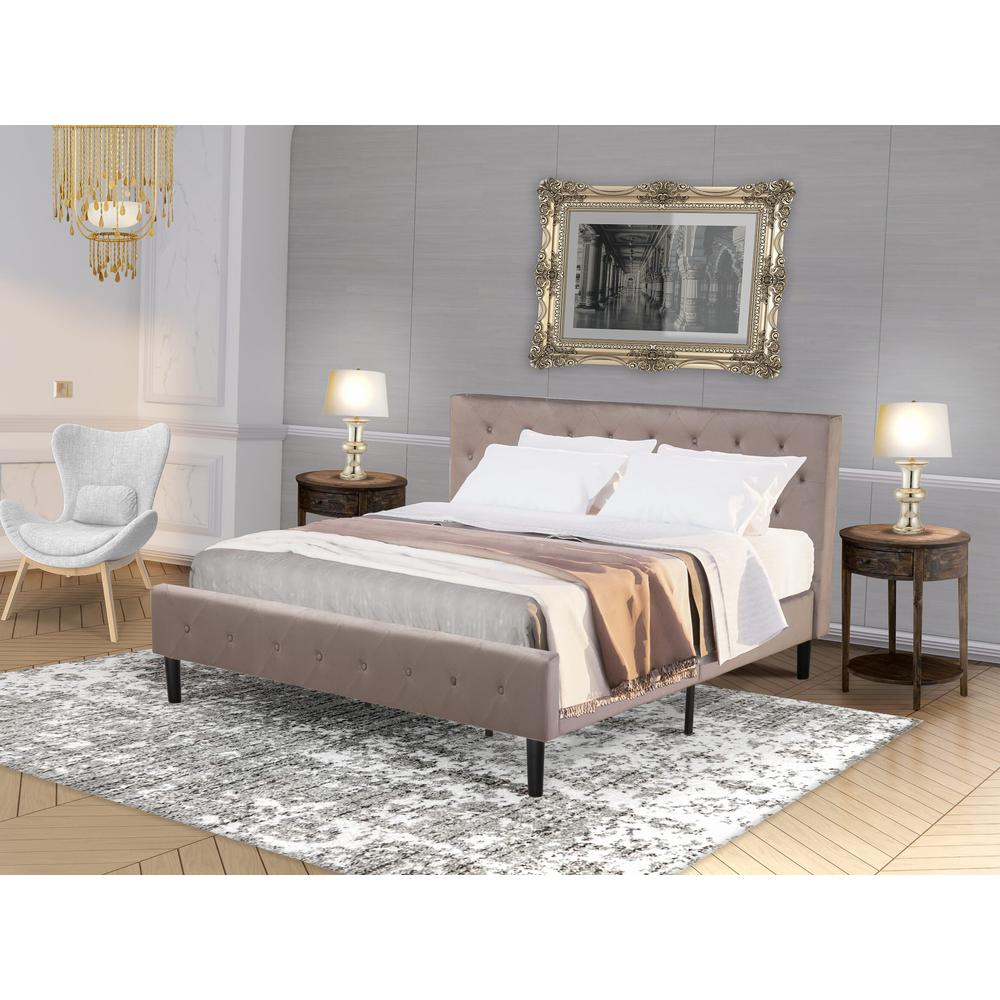 Ewan Nolan King Brown Taupe Velvet Platform Bed  Button Tufted Upholstered Frame with Black Legs