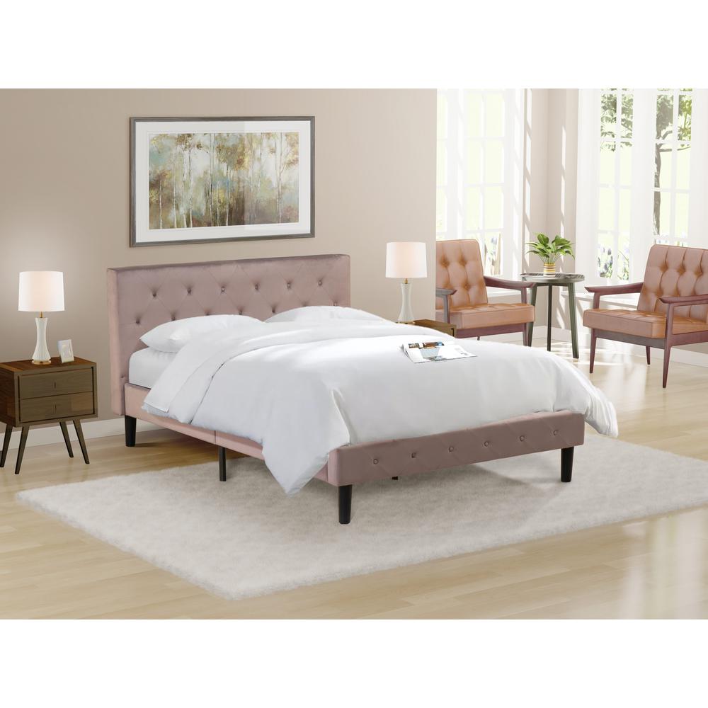 Joshen Nolan Collection Queen Brown Taupe Velvet Fabric Platform Bed  Button Tufted Headboard Footboard Black Legs