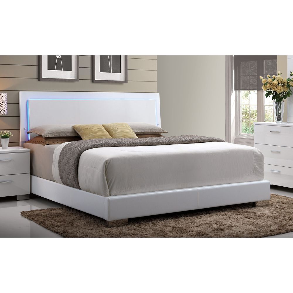 Harrison Lorimar Collection Eastern King Bed White PU – Sleek LED Lighting, Modern Legs