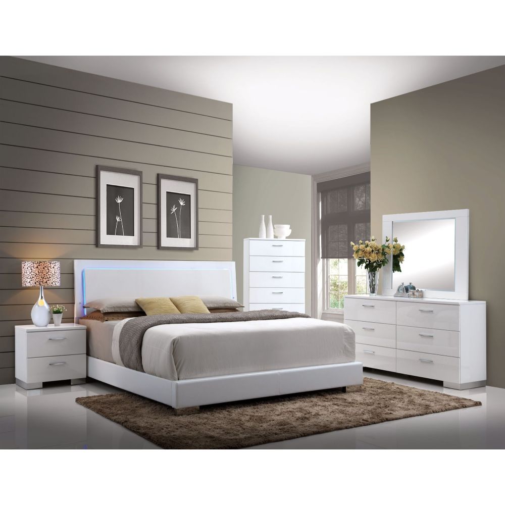 Leonardo Lorimar White Queen Bed Synthetic Leather – LED Headboard, Sleek Modern Look