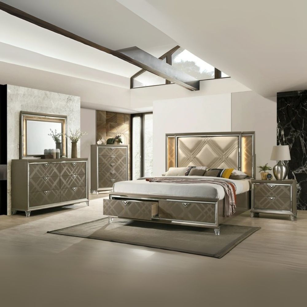 Skylar Eastern King Bed w/Storage & LED, LED, Synthetic Leather & Dark Champagne