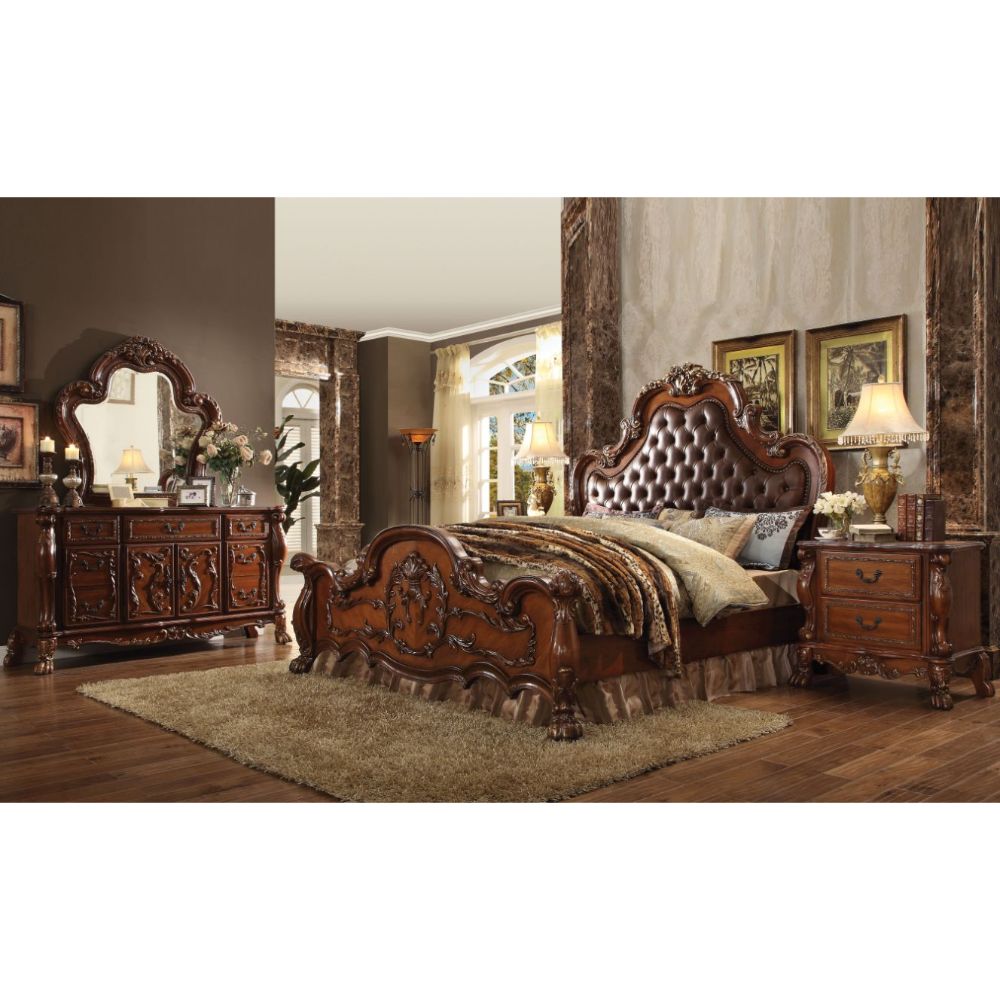 Enzo Dresden EK Size Traditional Bed in Gold Cherry Oak – Ornate Wood Frame & Upholstered Headboard