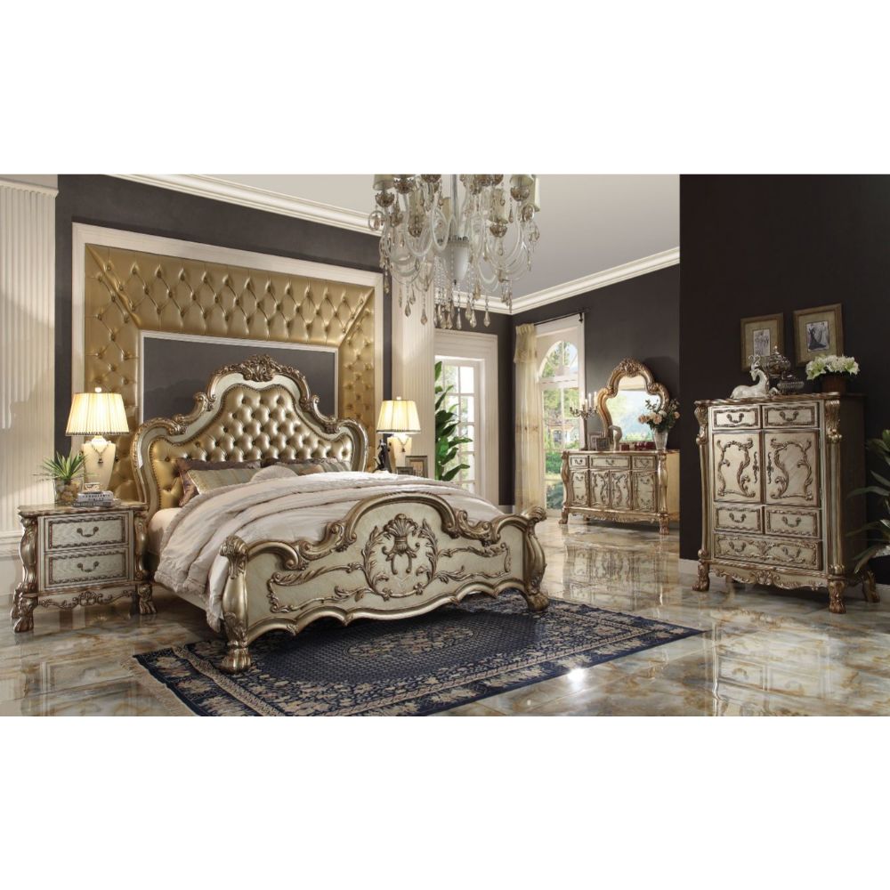 Hank Dresden Collection Queen Bed in Gold Platina Finish – Ornate Wood Frame & Faux Leather Upholstery