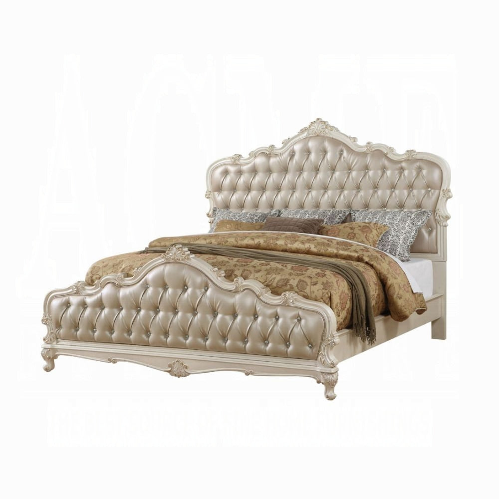 Chantelle Queen Bed, Rose Gold Synthetic Leather & Pearl White