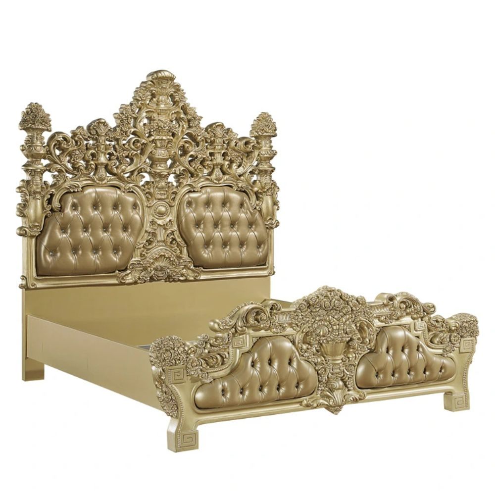 Seville Eastern King Bed, Synthetic Leather & Gold Finish