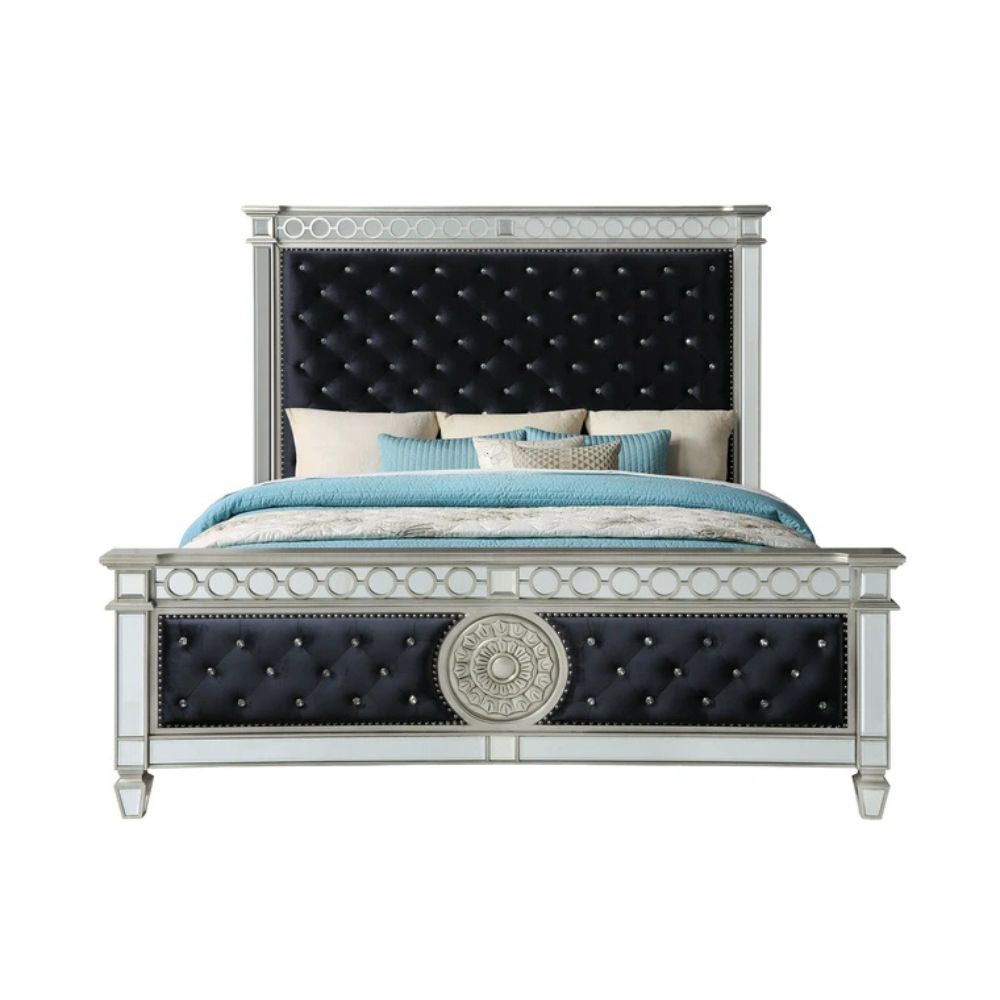 Varian Queen Bed, Dark Navy Velvet & Mirrored