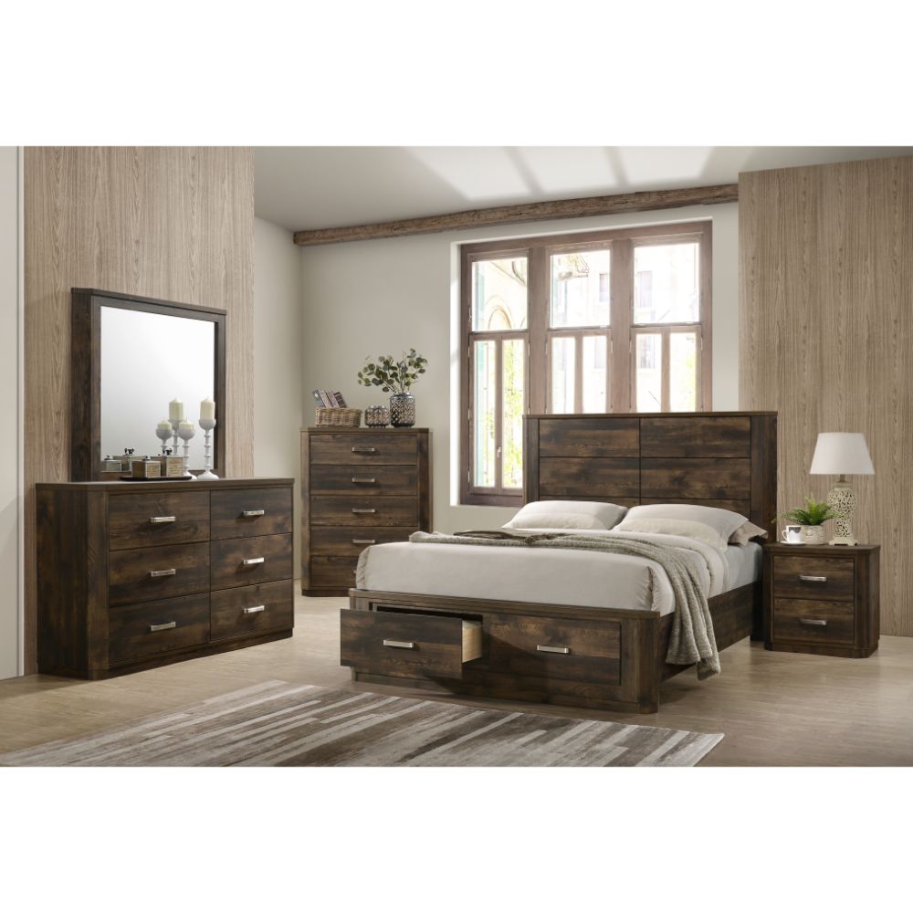 Luna Elettra Queen Walnut Wooden Bed  Modern Panel Design with Storage Drawers