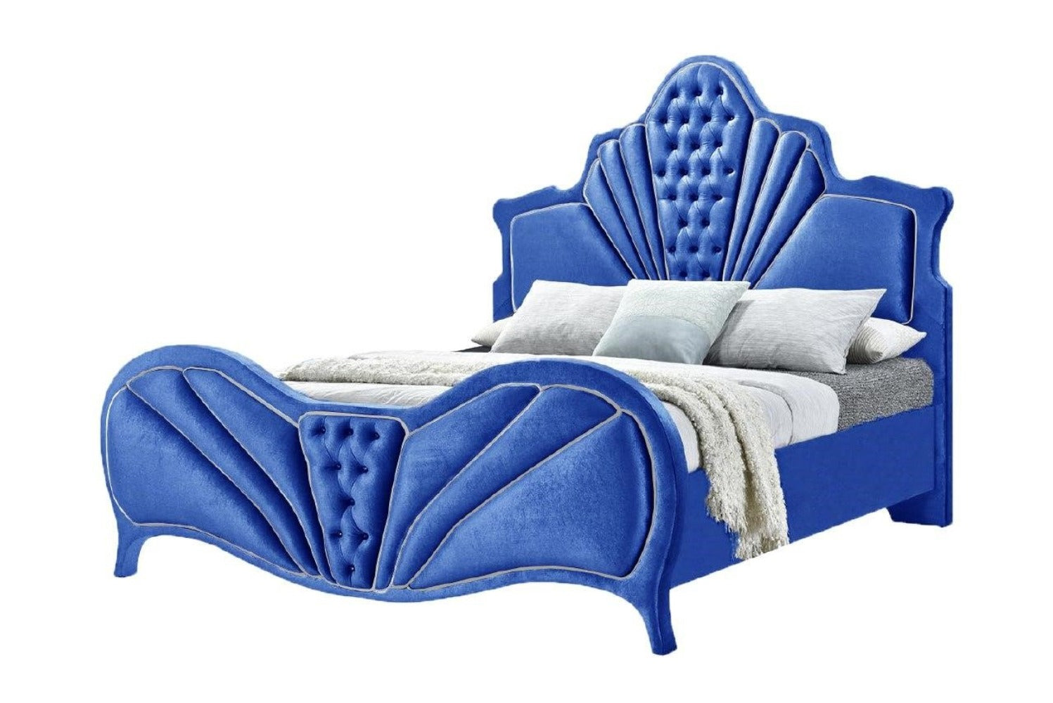 Sonu Dante Eastern King Bed Blue Velvet  Contemporary Upholstered Bed with Tufted Headboard