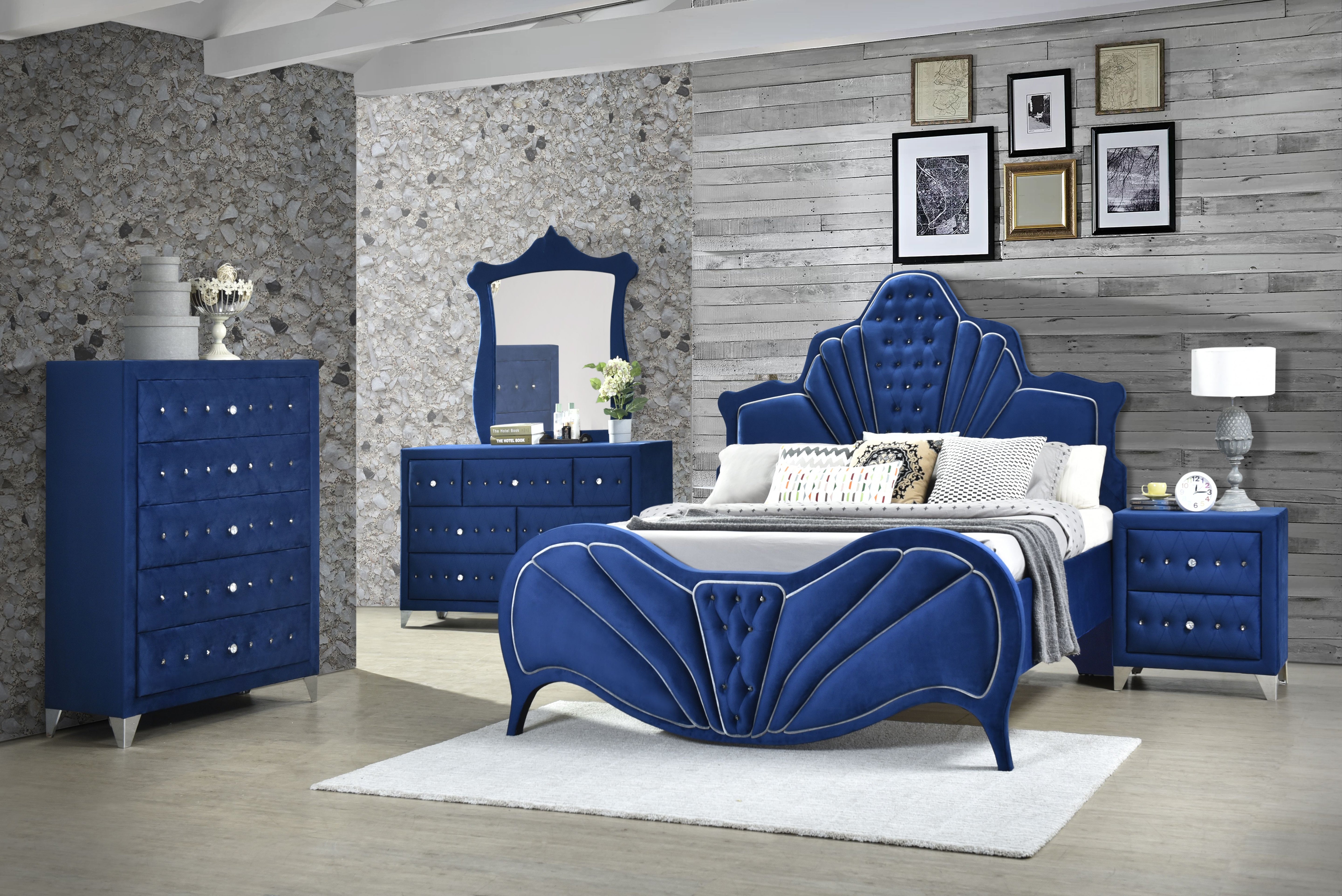 Sonu Dante Eastern King Bed Blue Velvet  Contemporary Upholstered Bed with Tufted Headboard