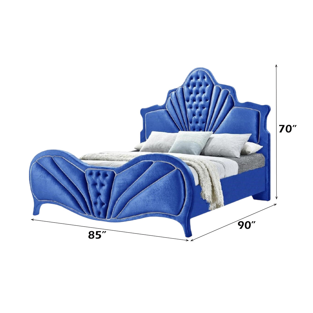 Sonu Dante Eastern King Bed Blue Velvet  Contemporary Upholstered Bed with Tufted Headboard