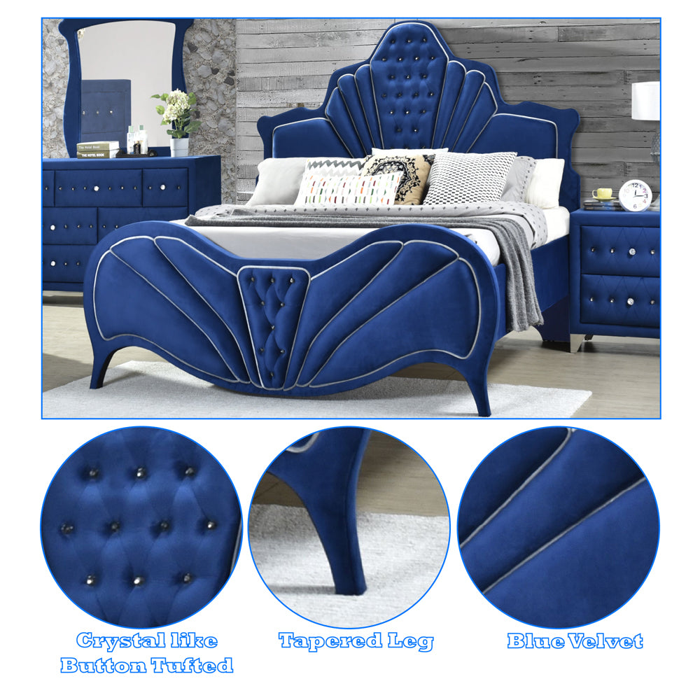 Sonu Dante Eastern King Bed Blue Velvet  Contemporary Upholstered Bed with Tufted Headboard