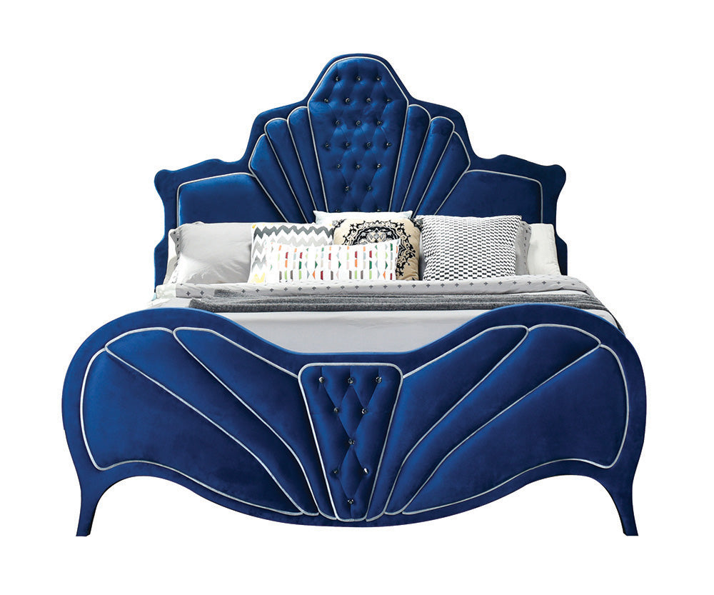 Sonu Dante Eastern King Bed Blue Velvet  Contemporary Upholstered Bed with Tufted Headboard