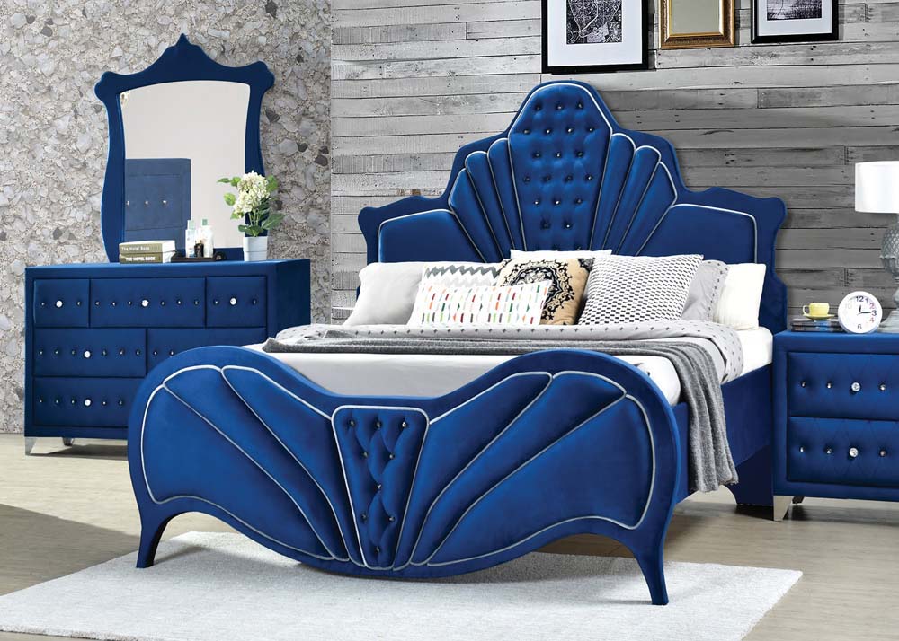 Sonu Dante Eastern King Bed Blue Velvet  Contemporary Upholstered Bed with Tufted Headboard