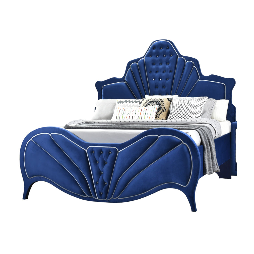 Mexi Dante Collection Queen Bed Blue Velvet  Contemporary Low-Profile Design