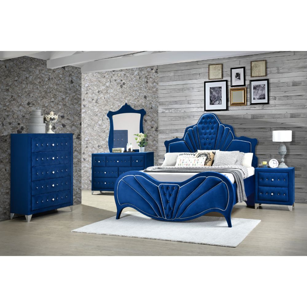 Mexi Dante Collection Queen Bed Blue Velvet  Contemporary Low-Profile Design