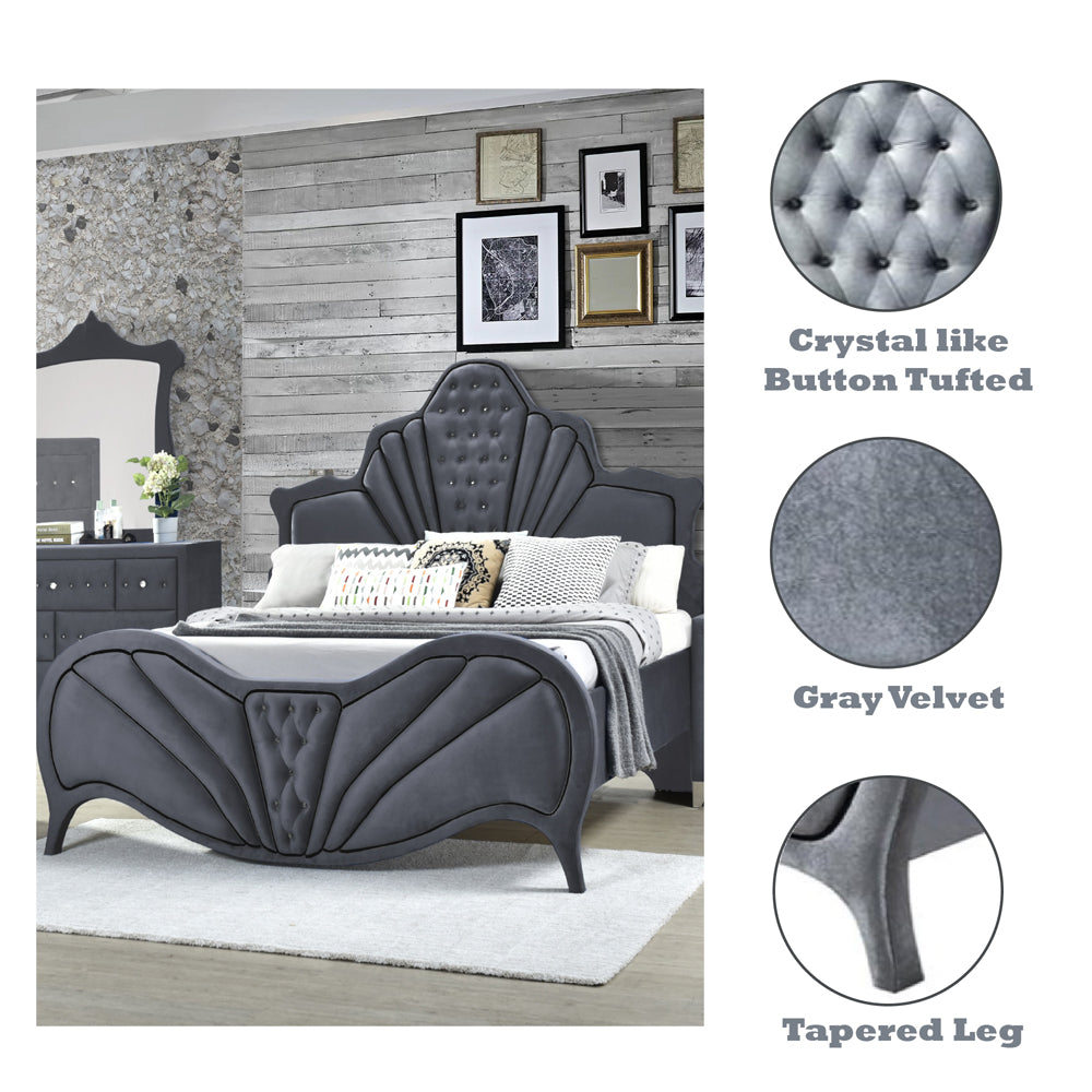 Julian Dante Gray Velvet Queen Bed  Upholstered Modern Design with Tufted Headboard