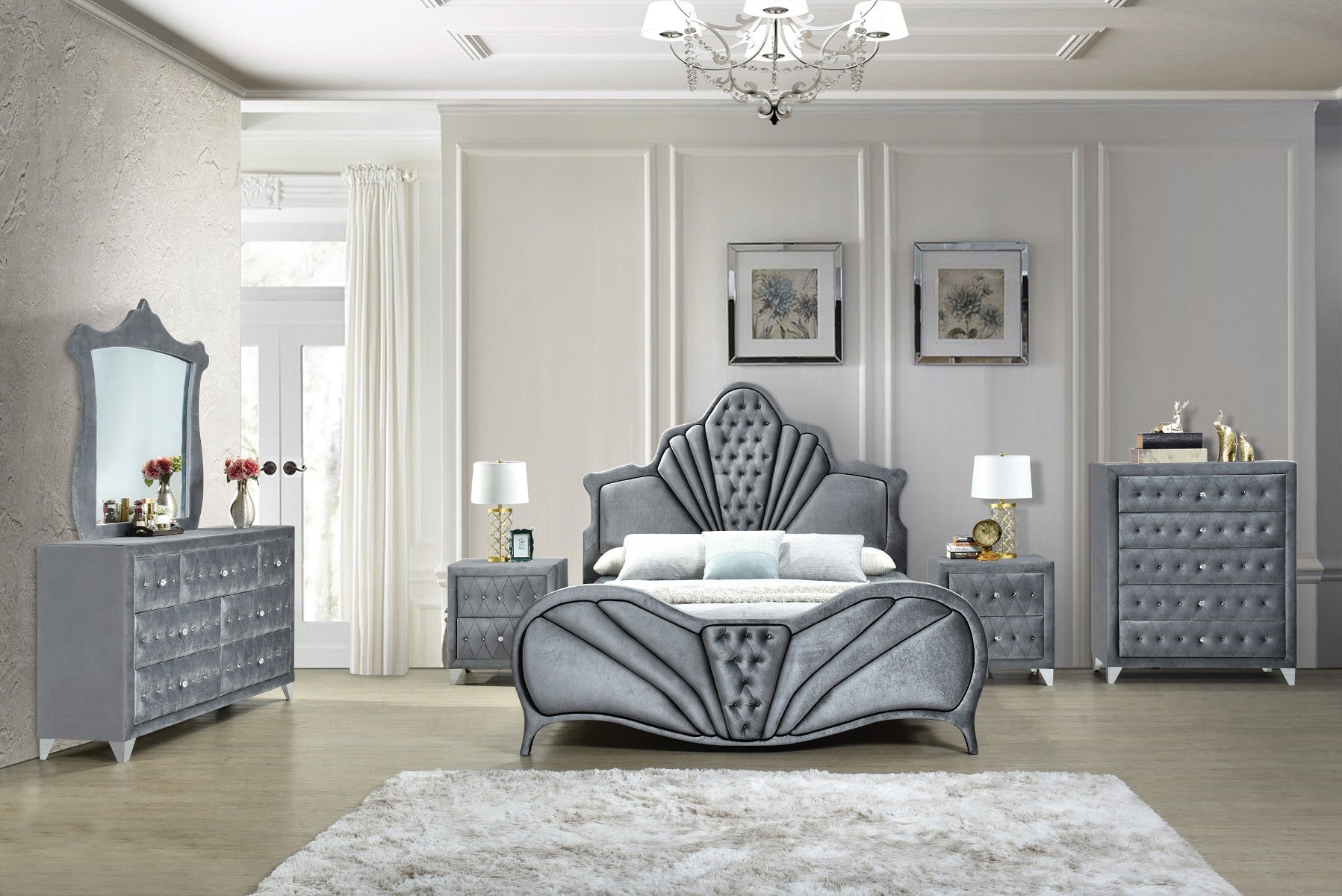 Julian Dante Gray Velvet Queen Bed  Upholstered Modern Design with Tufted Headboard