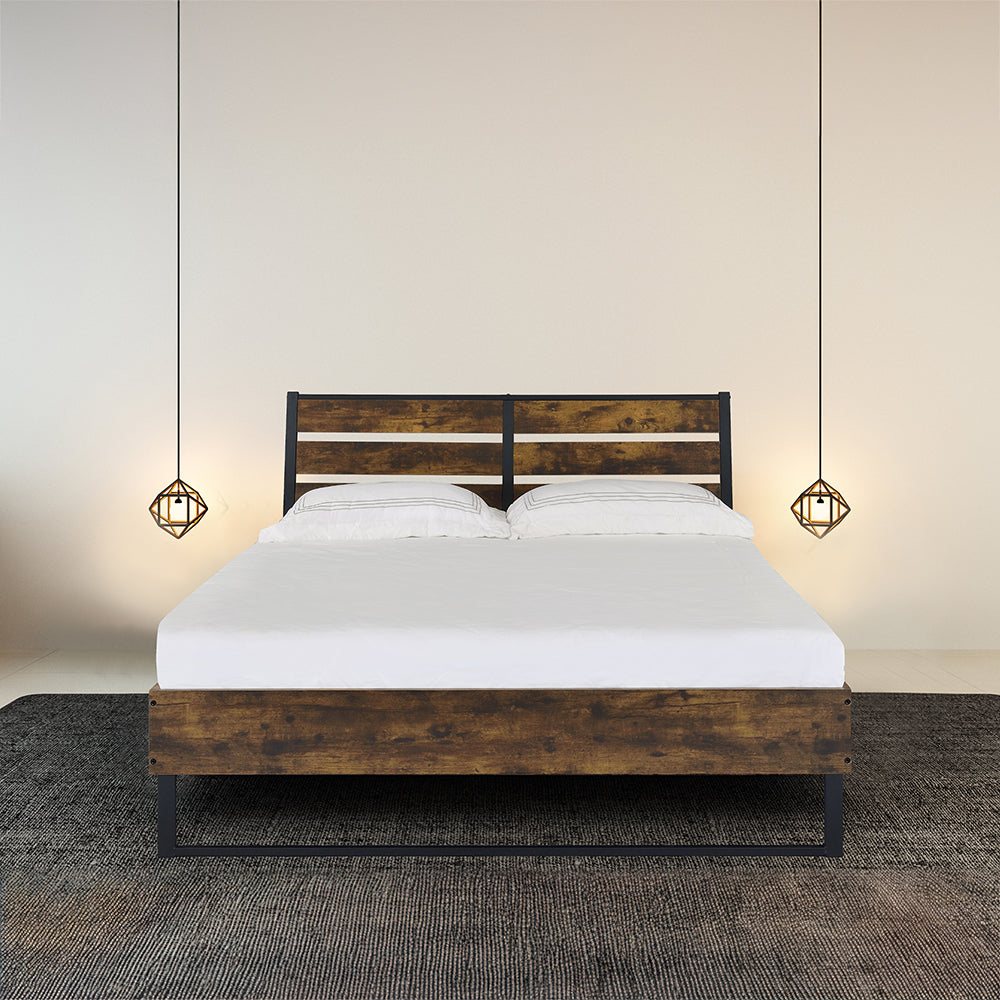 Margot Juvanth Eastern King Bed Rustic Oak & Black – Wood Platform Bed with Industrial Look