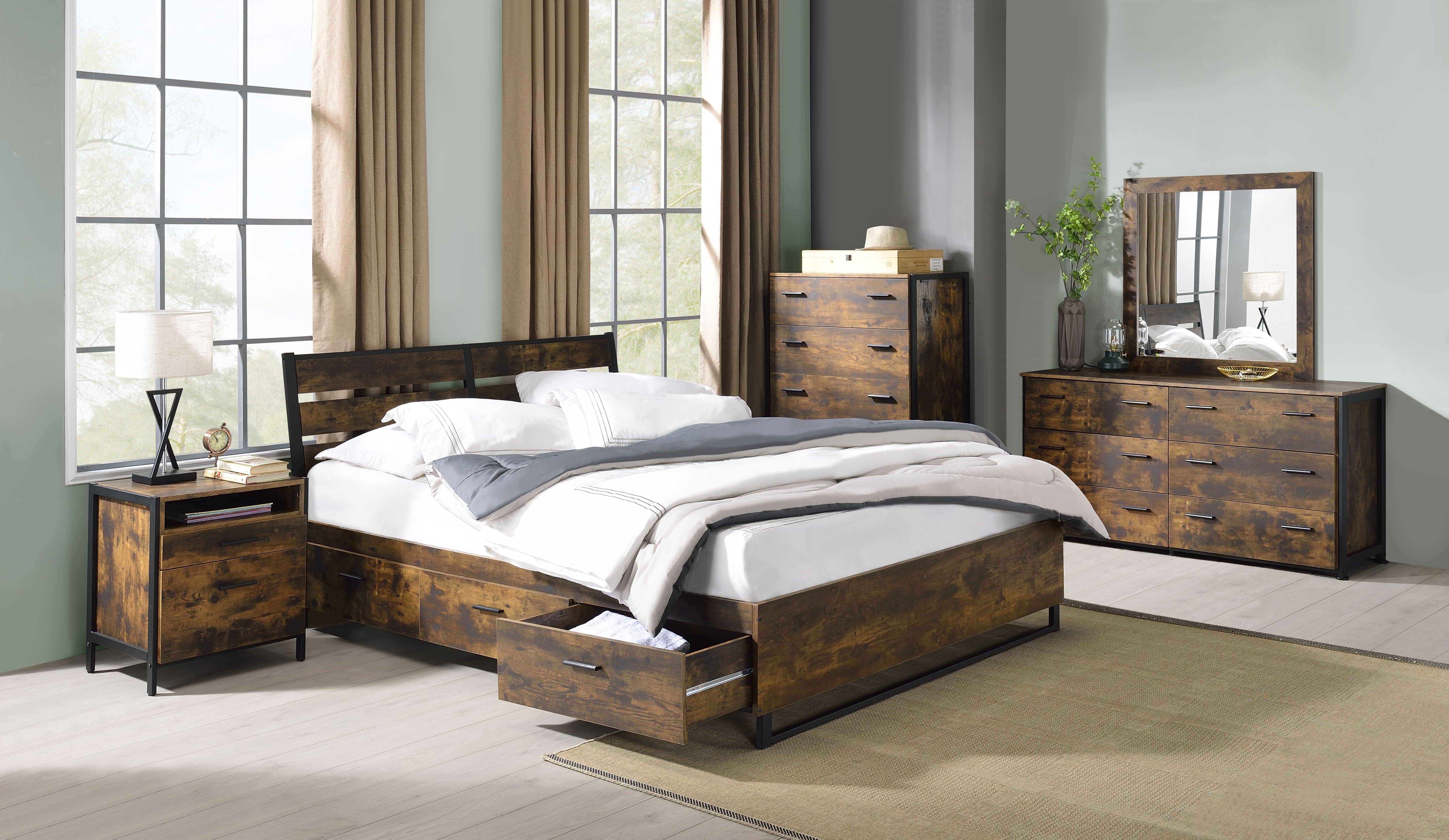 Radley Radley Juvanth Eastern King Rustic Oak Wood Bed – Industrial Style with Storage Drawers
