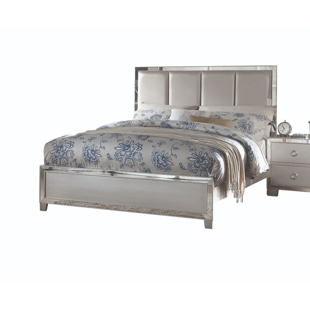 Jeeval Voeville II Queen Upholstered Bed in Platinum Faux Leather – LED Light & Mirror Accents