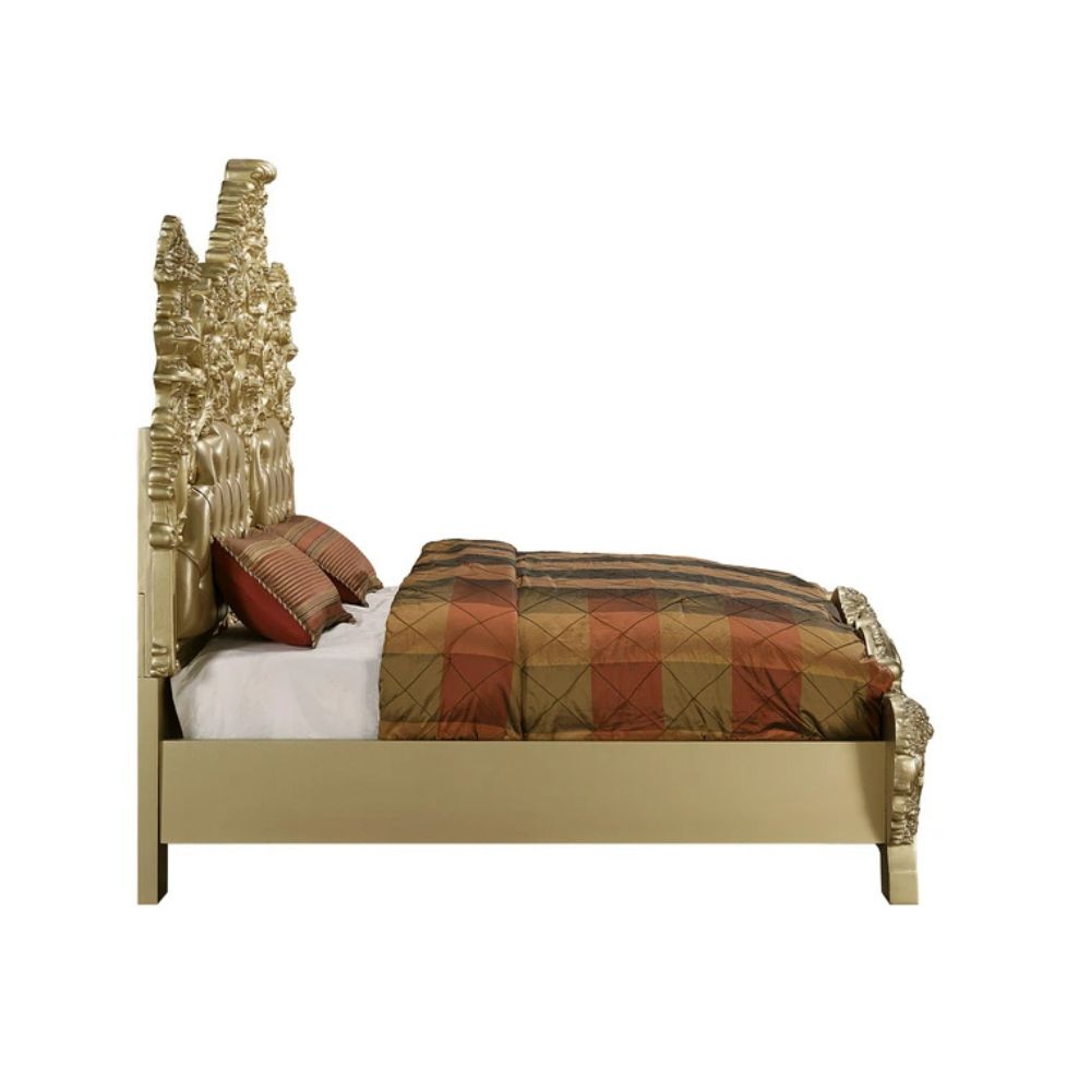 Seville Eastern King Bed, Synthetic Leather & Gold Finish