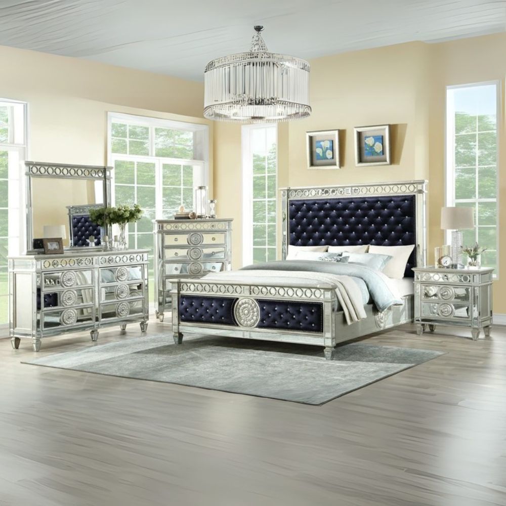 Varian Queen Bed, Dark Navy Velvet & Mirrored