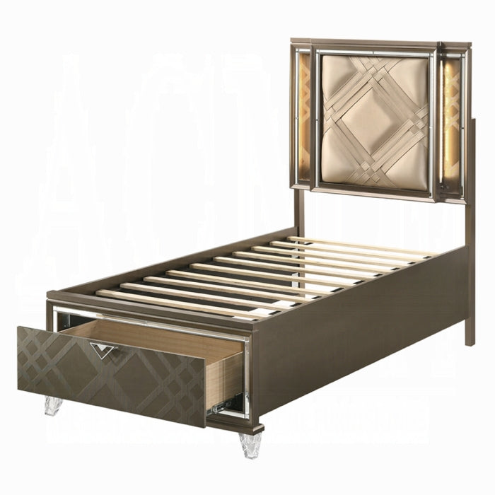 Skylar Full Bed w/Storage & LED, LED, Synthetic Leather & Dark Champagne