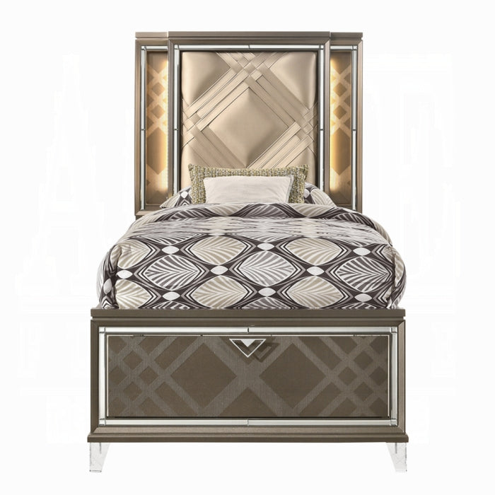 Skylar Full Bed w/Storage & LED, LED, Synthetic Leather & Dark Champagne