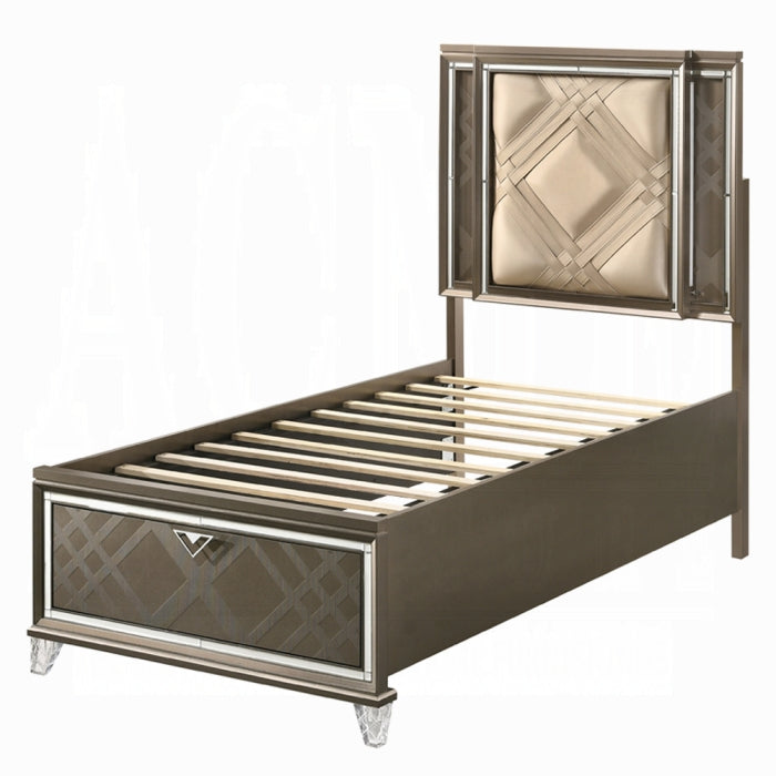 Skylar Full Bed w/Storage & LED, LED, Synthetic Leather & Dark Champagne