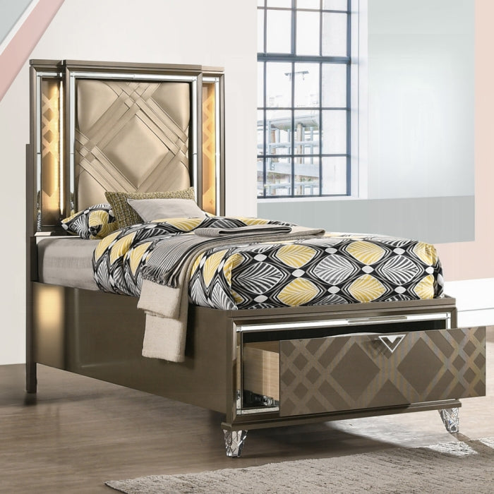 Rawat Skylar Full Dark Champagne Synthetic Leather Bed – Modern Storage Design with LED Headboard