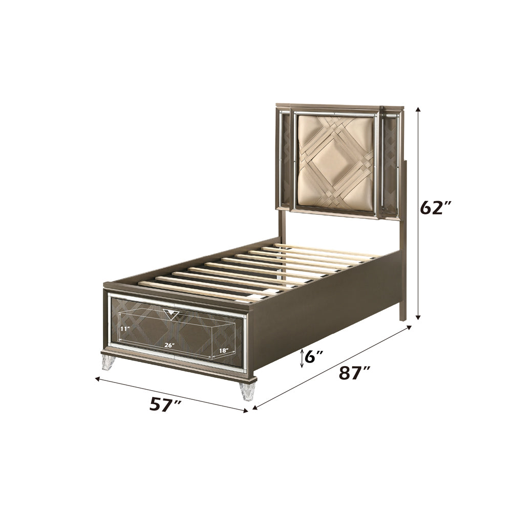 Rawat Skylar Full Dark Champagne Synthetic Leather Bed – Modern Storage Design with LED Headboard